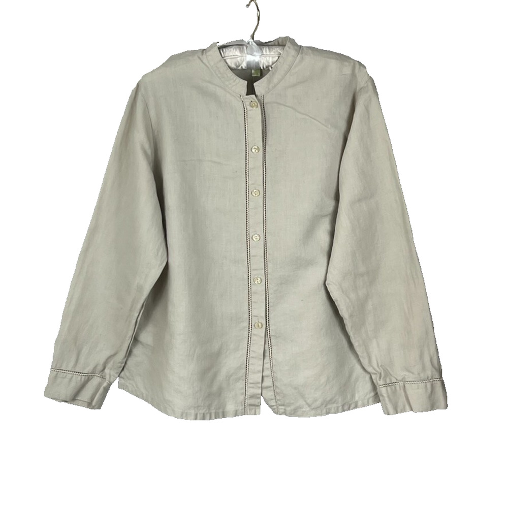 Sigrid Olsen Linen Shirt Women's Size L Beige Button Front Mandarin Collar